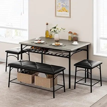 Dining Table Set for 4 - Kitchen Table Set of 4 with Upholstered Bench and 2 Square Stools 4 Piece Dining Set with Storage