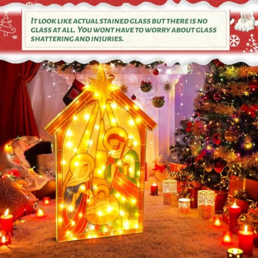 4FT Lighted Nativity Scene Outdoor Stained Glass Look Large Life Size Nativity Decoration for Christmas Yard Display Easy Assembly