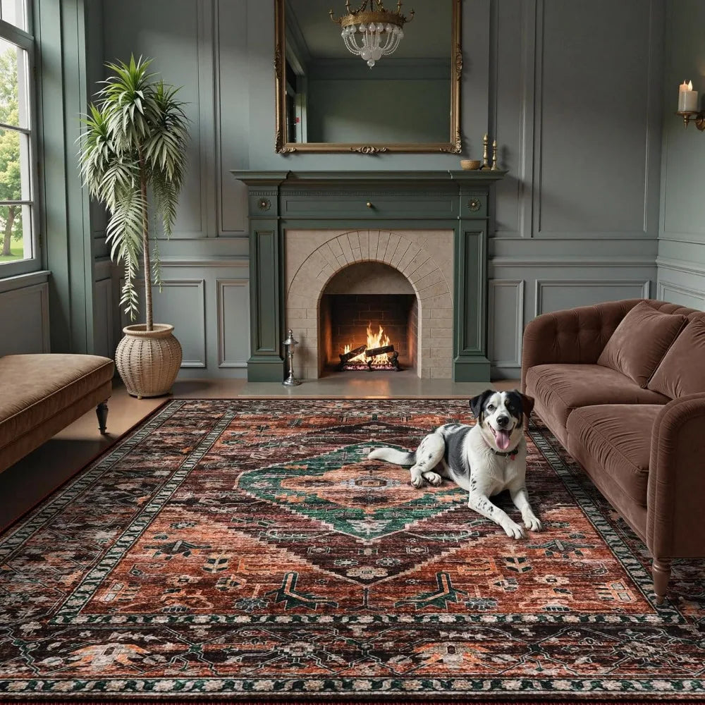 8x10 Ultra-Thin Living Room Rug (Non-Slip Washable Non-Shedding) Oriental Vintage Distressed Carpet for Dining, Bedroom, Office