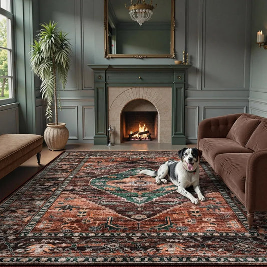 8x10 Ultra-Thin Living Room Rug (Non-Slip Washable Non-Shedding) Oriental Vintage Distressed Carpet for Dining, Bedroom, Office
