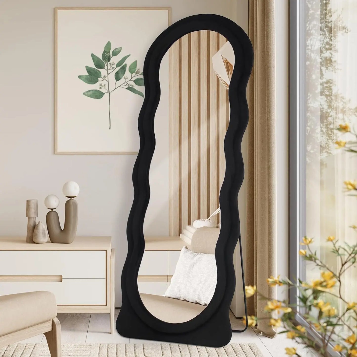 Full Length Mirror 63"x24" Arched Wavy Full Body Wall Mounted Floor Mirror with Stand Milk Tea Flannel Frame Leaning Hanging