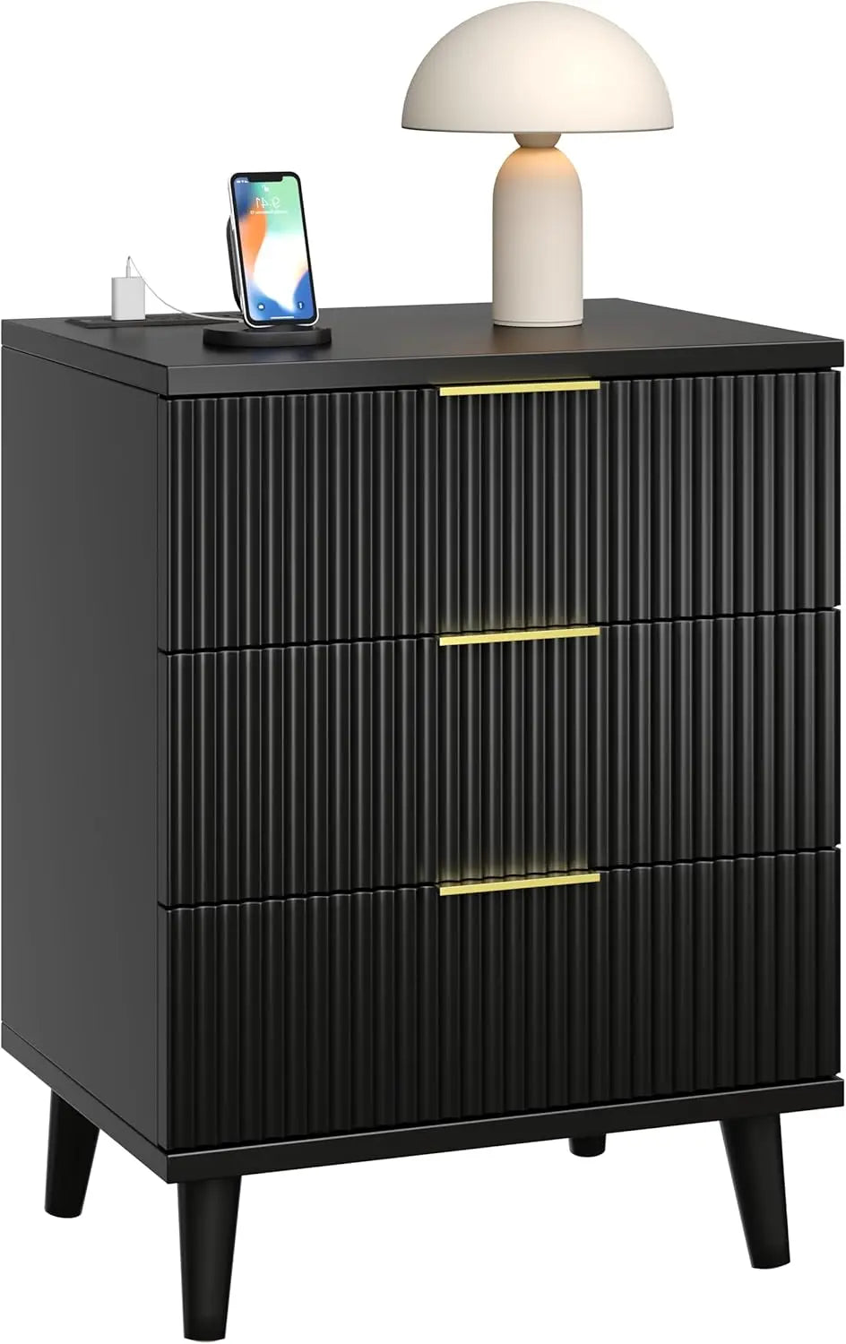 Fluted Nightstand w/ USB Charging—3 Quiet Drawers, Modern Wood Bedside Dresser, Large Storage End Table