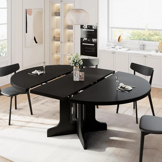 59" Extendable Round Dining Table for 4-6, Modern Kitchen Table with Heavy Duty Pedestal Base & Wooden Top, Oval Dinner Table