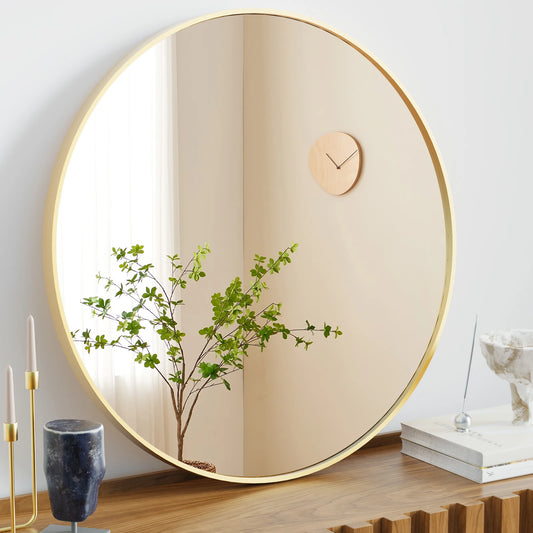 Large Gold Round Vanity Framed Mirror for Wall Matte Metal Framed 30 Inch Modern Mirror Tempered Glass Bedroom Living Room