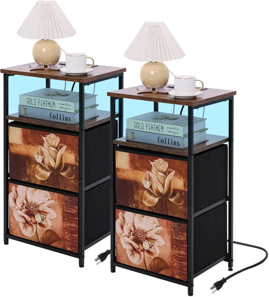nightstand Set of 2 with Charging Station, LED Bedside Table w/USB Ports & Outlets,End Table w/2 Fabric Drawers and Open Shelf