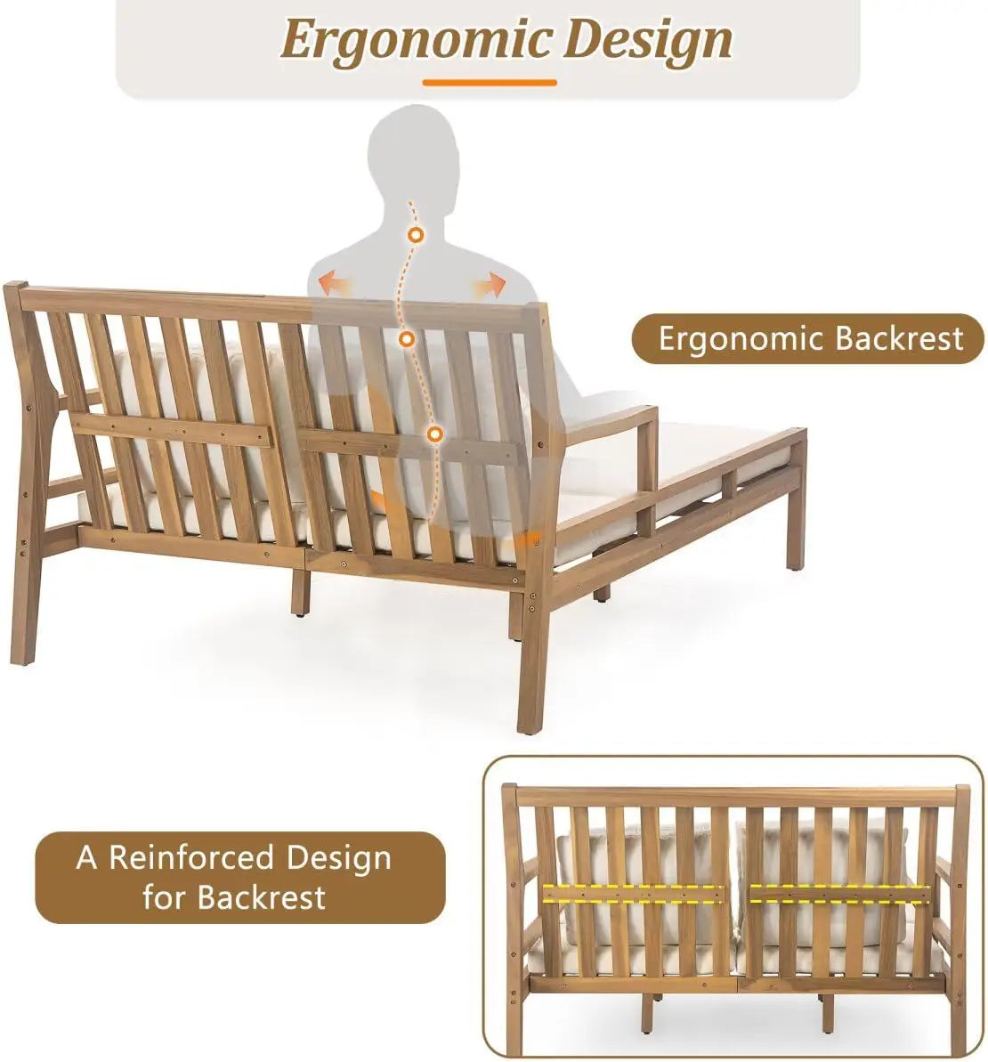 Outdoor Daybed Patio Daybed with Four Pillows Wooden Outdoor Bed with Curved Armrests for Poolside Backyard Garden