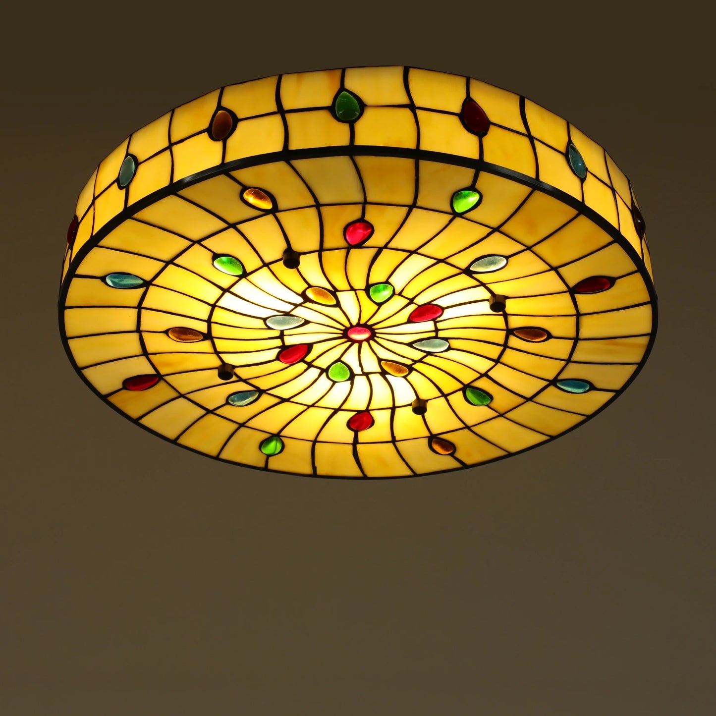 3 Light Ceiling Lamp 18inch Vintage LED Tiffany Ceiling Light Stained Glass Handmade Retro Flush Fixture for Bedroom Hallway