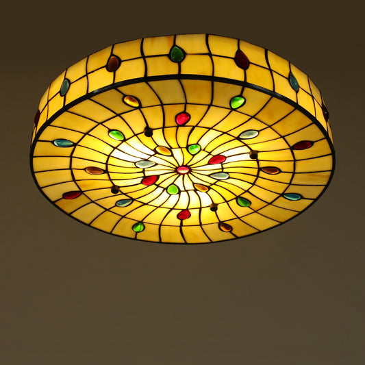 3 Light Ceiling Lamp 18inch Vintage LED Tiffany Ceiling Light Stained Glass Handmade Retro Flush Fixture for Bedroom Hallway