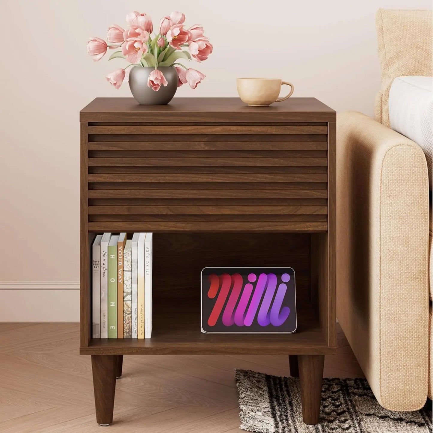 Mid Century Modern Nightstand, Fluted Night Stand, Wood Bedside Table with Drawer and Cube Storage for Bedroom, Side Accent End