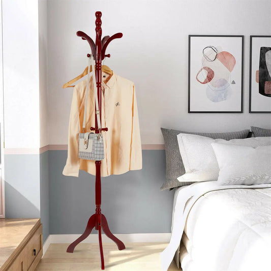 Solid Birch Wood Coat Racks Stand Floor Standing Hanger Rack with Tripod Base for Purse Clothes Hat Umbrella Jacket Coat