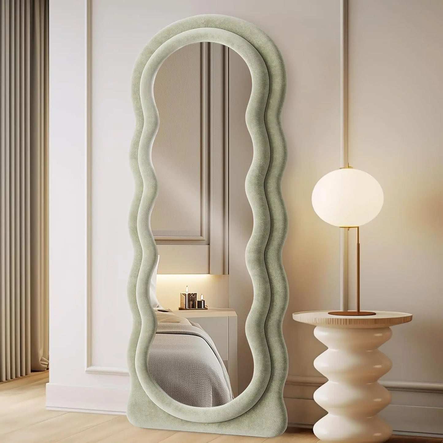 Full Length Mirror 63"x24" Arched Wavy Full Body Wall Mounted Floor Mirror with Stand Milk Tea Flannel Frame Leaning Hanging