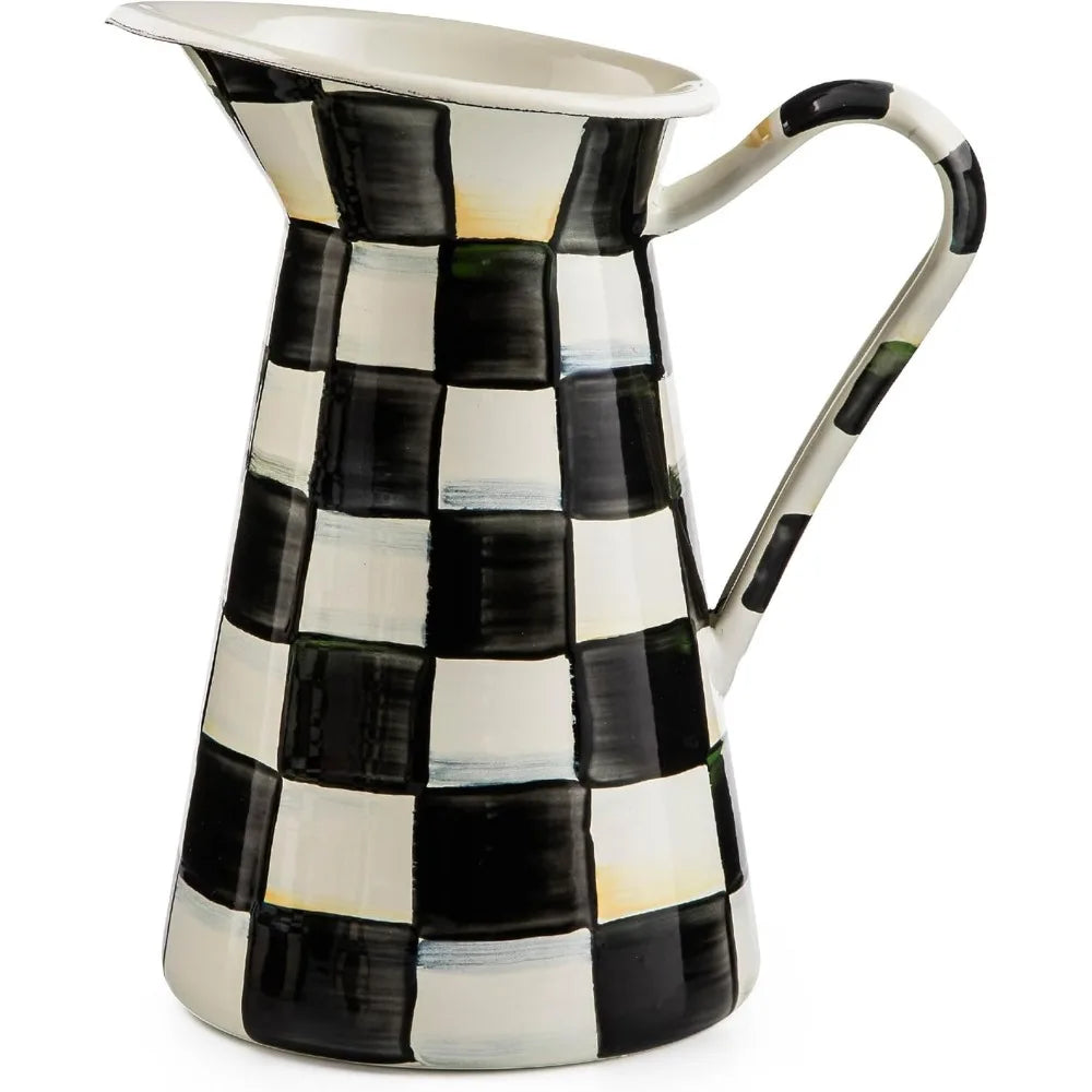 Elegant Black and White Enamel Drink Pitcher for Serving Iced Tea or Water, Ideal as a Flower Vase, Medium Size