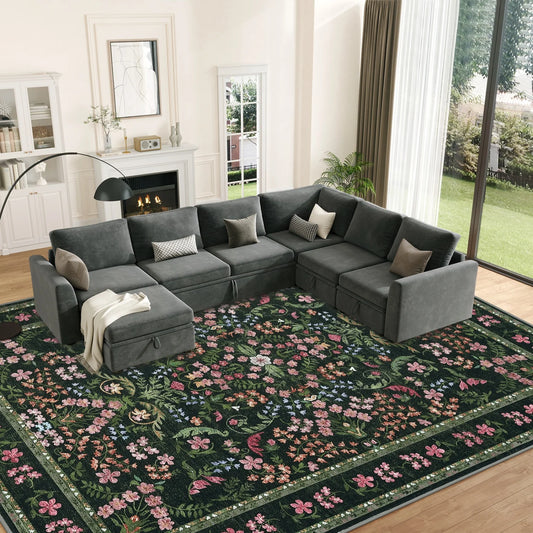 Soft Vintage Floral Area Rug for Living Room Bedroom, Low Pile Machine Washable Carpet for Dining Room Home Office (Multiple sizes and colors)