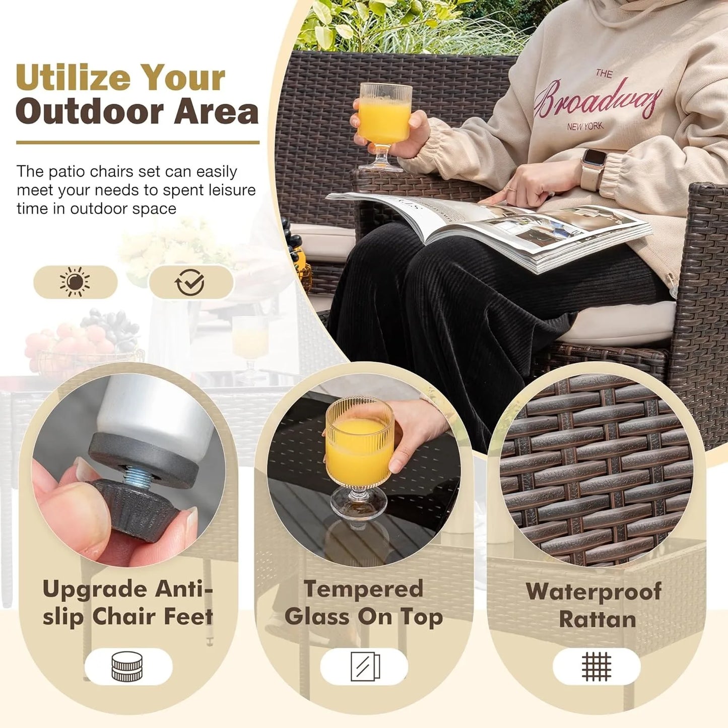 4-piece set of outdoor terrace furniture, rattan chairs, wicker covers, outdoor indoor use, backyard porch (brown and beige)