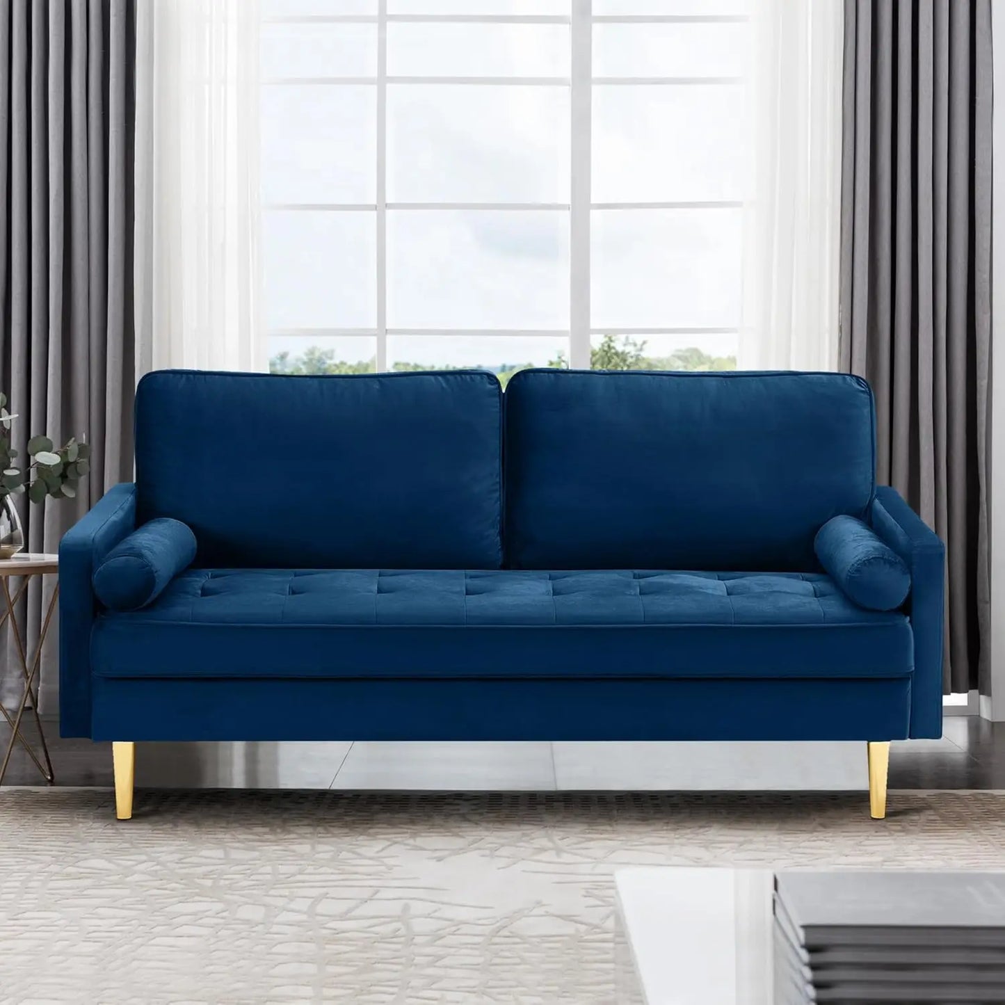 67" Modern Velvet Loveseat Sofa Couch, Mid-Century Tufted Upholstered Small Love Seat Couch with 2 Pillows & 4 Golden Legs (Multiple colors)