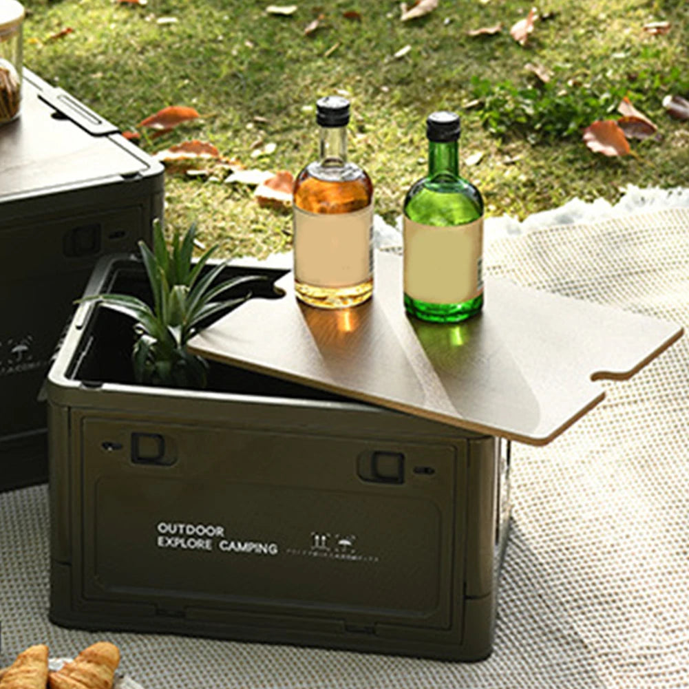 30L Folding Car Storage Case with Wooden Lid Portable Storage Container Stackable Side Open Store Picnic Supplie Snacks and More