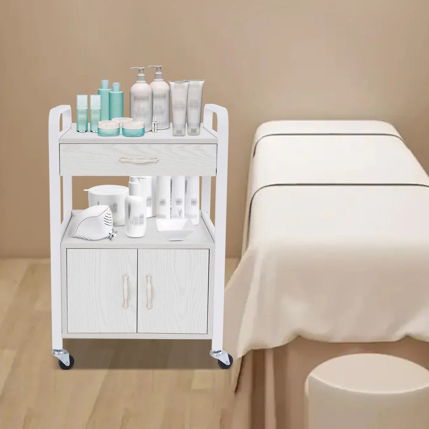 Salon High-density Wood Panels Storage Cart,White Rectangle Free Standing Movable Beauty Organizer