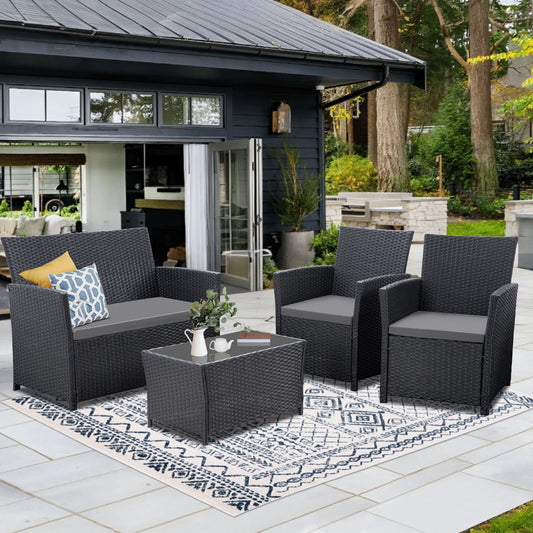 4 Piece Patio Furniture Set, Outdoor Wicker Conversation Set, Rattan Sectional Sofa Couch with Coffee Table & Seat Cushions (Multiple colors)