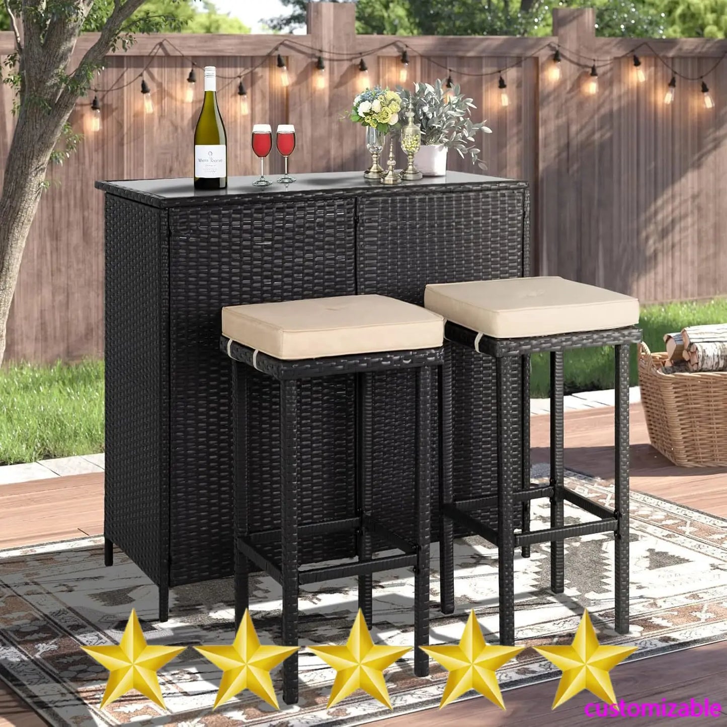 2025-3-Piece Wicker Patio Outdoor Bar Set, 2 Stools and 1 Glass Top Table, Bistro Set, Brown Furniture for Deck, Lawn, Backyard