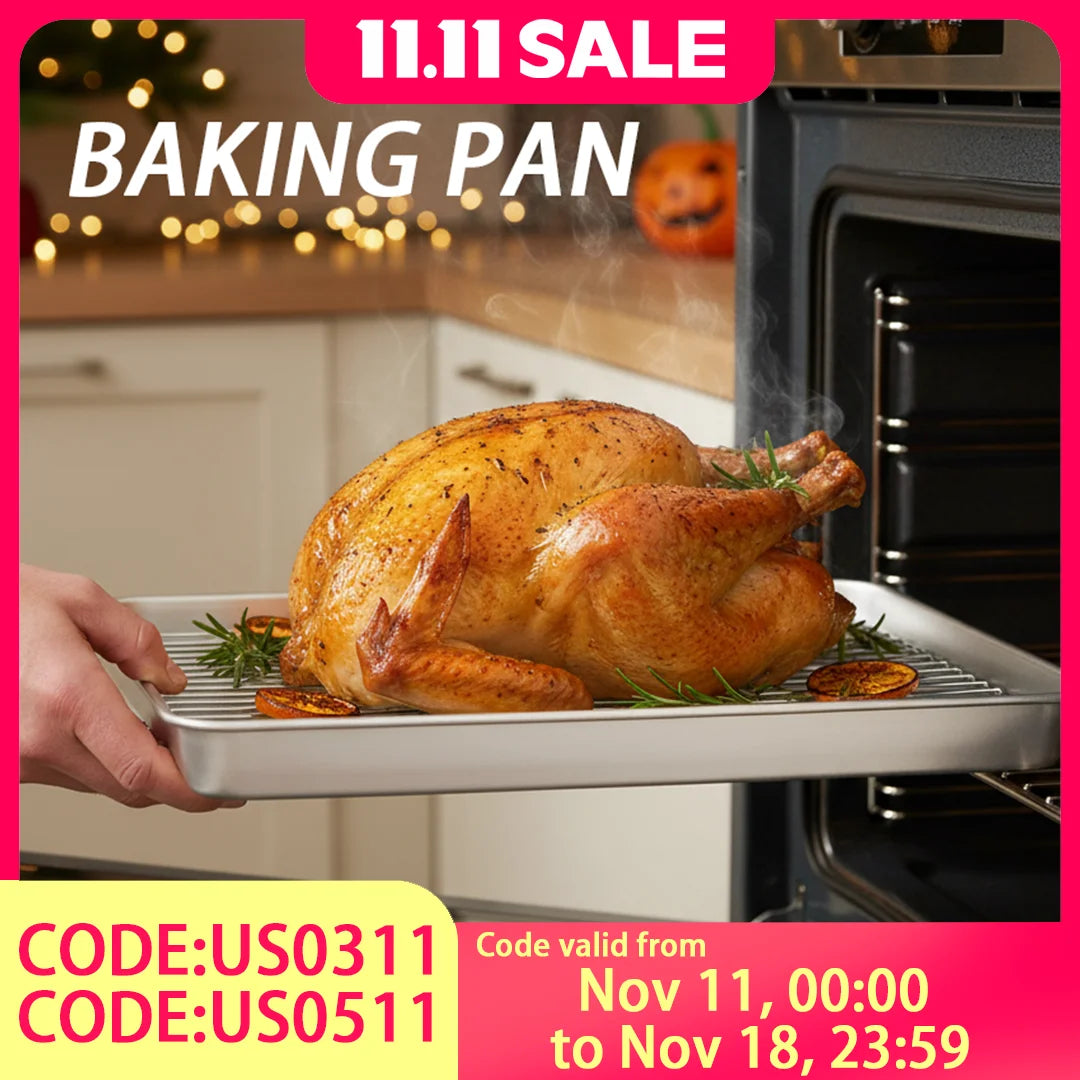 430Stainless Steel Baking Pan with Drain Rack - Multi-Purpose Oven Cookie Sheet &Roasting Pan for Baking, Grilling and Food Prep