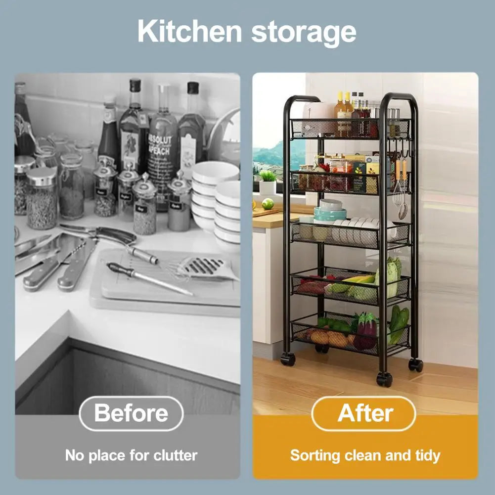 Fruit Vegetable Storage Basket, 5 Tier Stackable Metal Mesh Storage Basket with 360 Degree Wheels, Fruit Vegetable Produce Basket