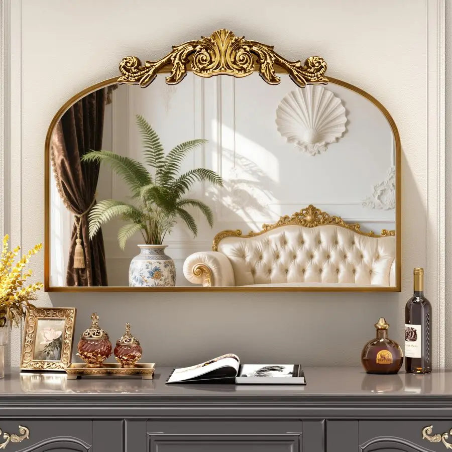 Arched Wall Mirror, 28x 20 Bathroom Vanity Mirror with Carved Pattern Top and Aluminum Frame, Antique Decorative Mirror for Hang
