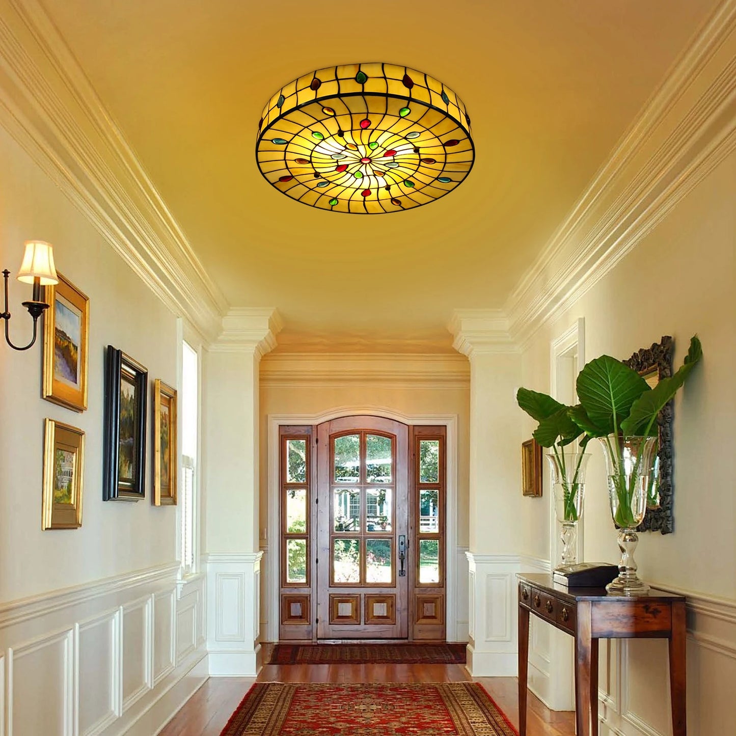 3 Light Ceiling Lamp 18inch Vintage LED Tiffany Ceiling Light Stained Glass Handmade Retro Flush Fixture for Bedroom Hallway