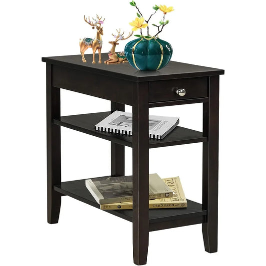 End Table with Drawer, Narrow Side Table with 2-Tier Open Storage Shelves, Slim Side End Table Compact Nightstand Bedside