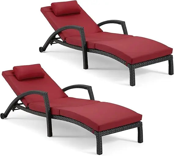 Wicker Chaise Lounge Set of 2, Pool Lounge Chair with Side Table, Outdoor Reclining Lounger Chair with Wheels 5-Level Adjustable (Multiple colors)
