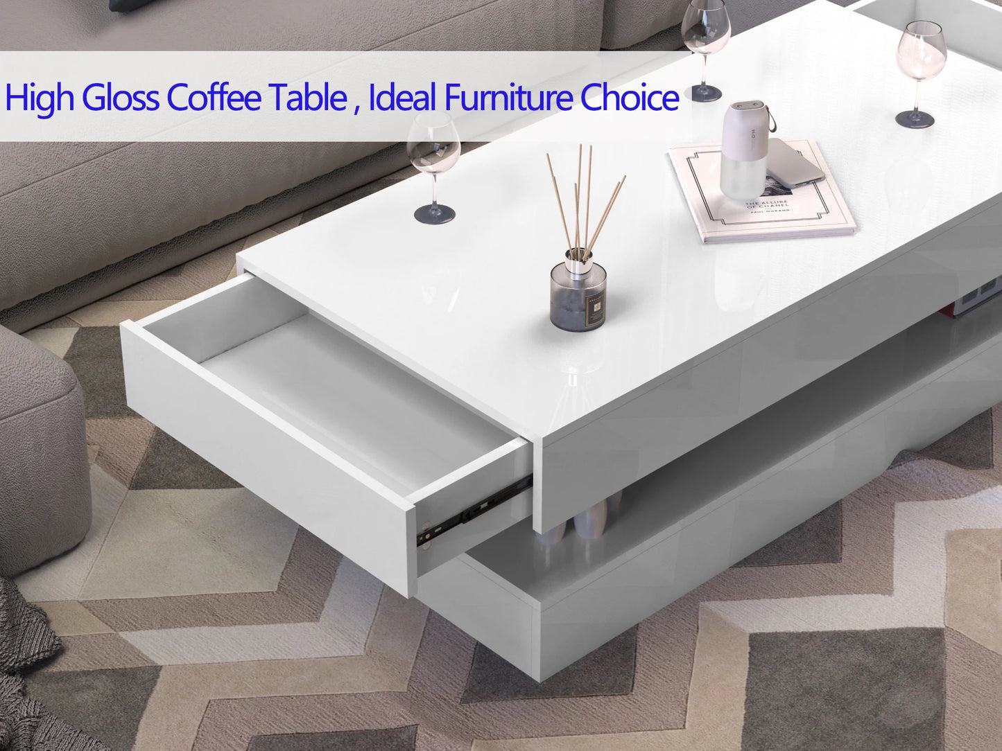 47.3IN High Glossy LED Coffee Table,Modern Center Table with 2 Storage Drawers for Living Room (White & Black)