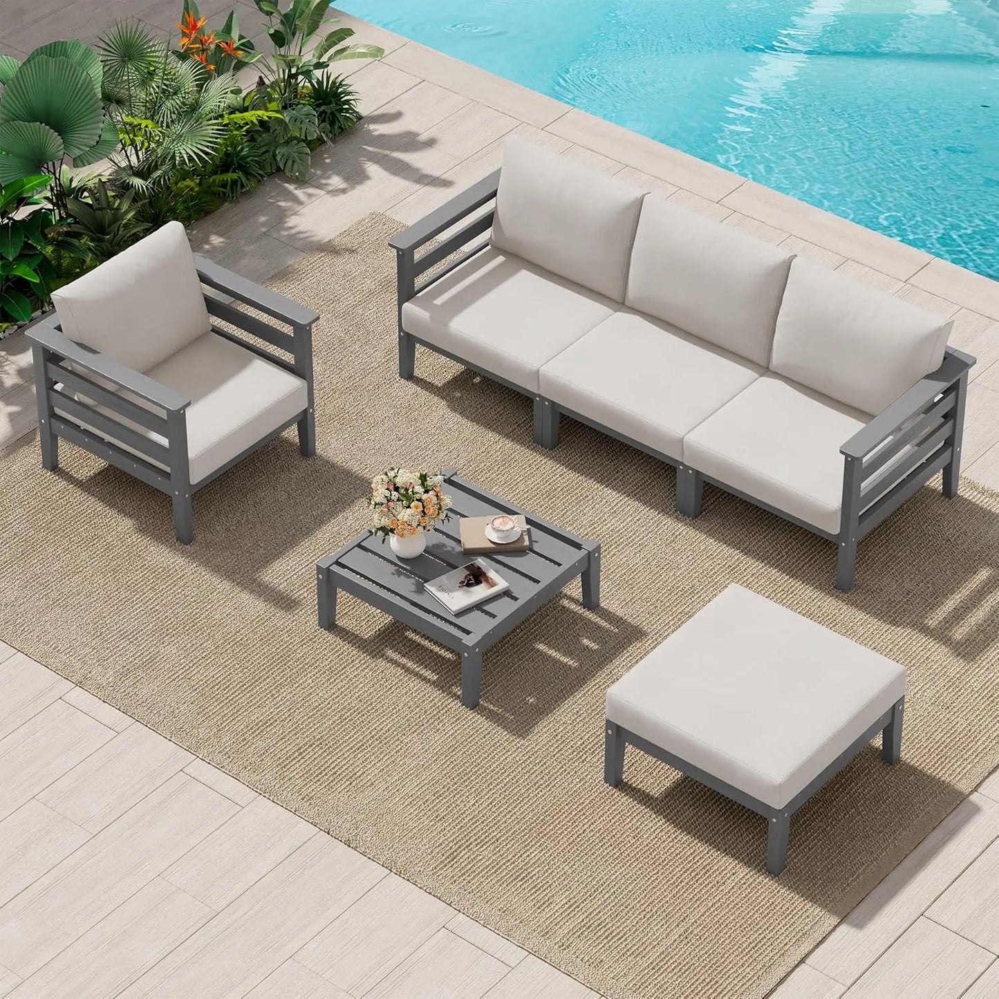HDPE Patio Furniture Set, 6 Pieces Outdoor Sectional Sofa Set, All-Weather Wood-Like Outdoor Sofa Couch with Coffee Table