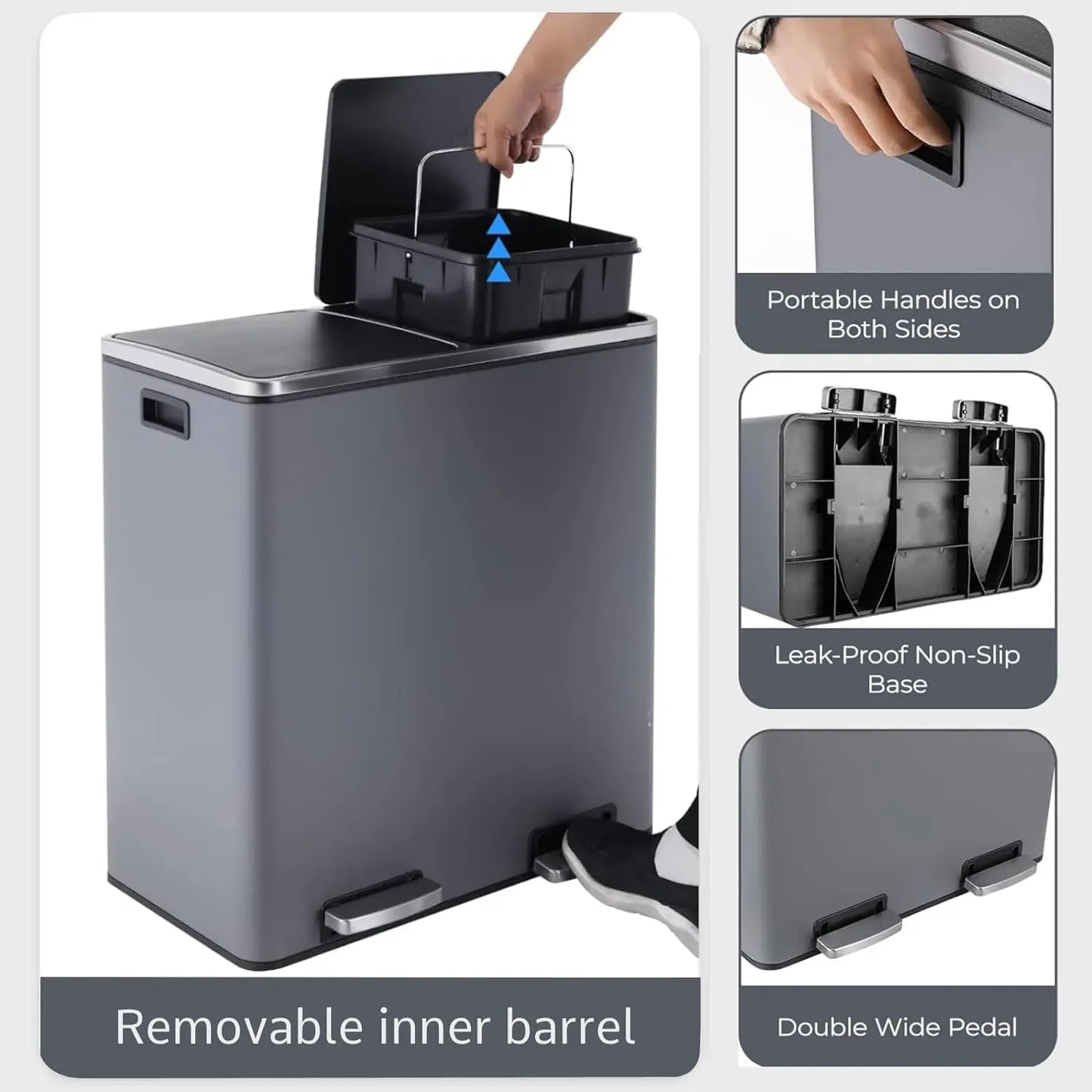 16 Gal (60 L) Stainless Steel Kitchen Trash Can Dual Recycling Bin Garbage Can with Lid Garbage Bin Dustbin w/ Soft-Close Lid (Multiple colors)