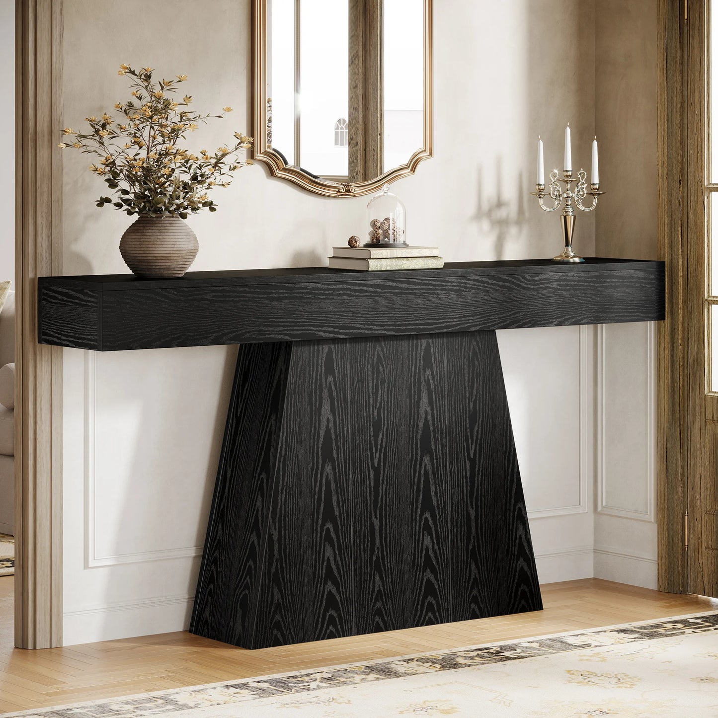 Tribesigns 63" Black Console Table, Farmhouse Entryway Table with Trapezoidal Base, Narrow Long Wood Sofa Table