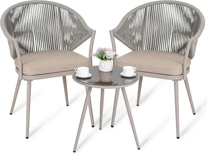3 Piece Outdoor Bistro Set, Woven Rope Conversation Patio Set, All Weather Patio Furniture Chairs and Table with Cushions (Multiple colors)