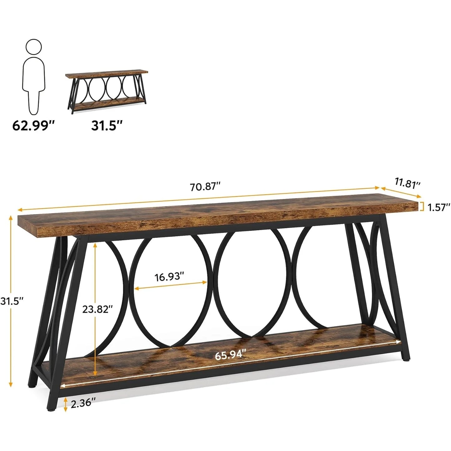 LITTLE TREE 70.9 inch Long Console Table,Sofa Table Behind Couch with 2 Tier Storage Shelf, Hallway Accent Table for Living Room
