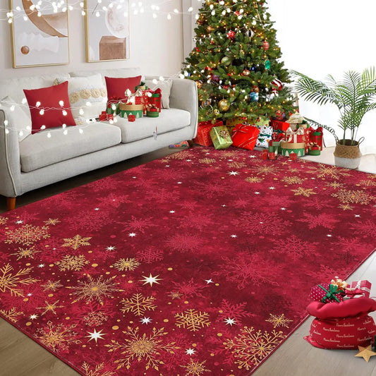 Christmas Area Rug Machine Washable Rug Snowflake Decor Entryway Rugs Non Slip Low Pile Soft Carpet for Living Room Dining Room