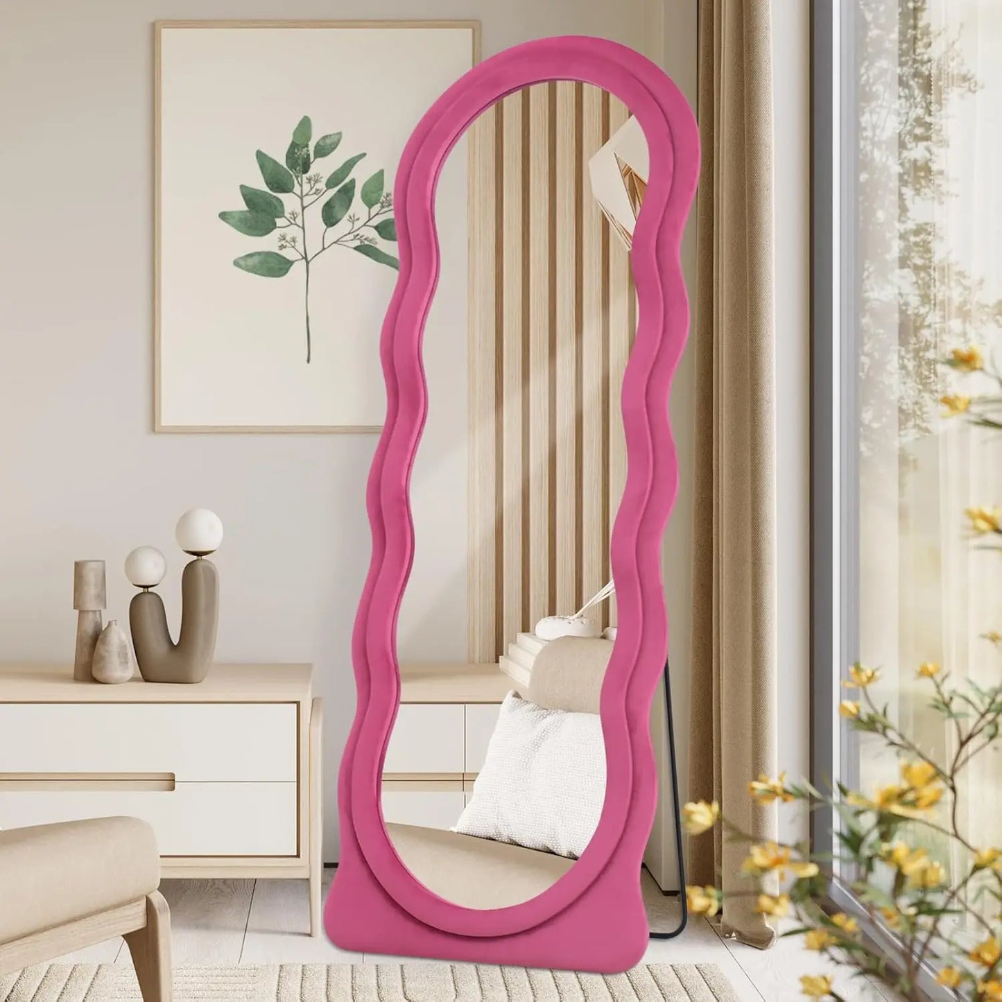 Full Length Mirror 63"x24" Arched Wavy Full Body Wall Mounted Floor Mirror with Stand Milk Tea Flannel Frame Leaning Hanging