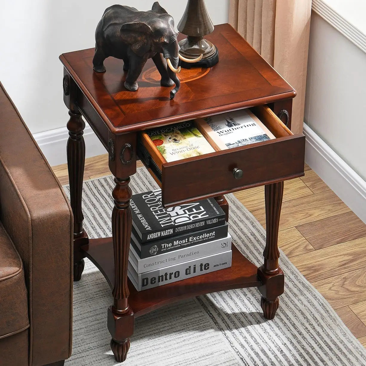 Solid Wood Side Table with Drawer, Victorian Style Vintage Nightstand, Antique Cherry Wood End Tables Living Room Bedroom