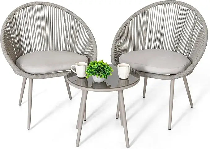 3 Piece Outdoor Bistro Set, Woven Rope Conversation Patio Set, All Weather Patio Furniture Chairs and Table with Cushions (Multiple colors)