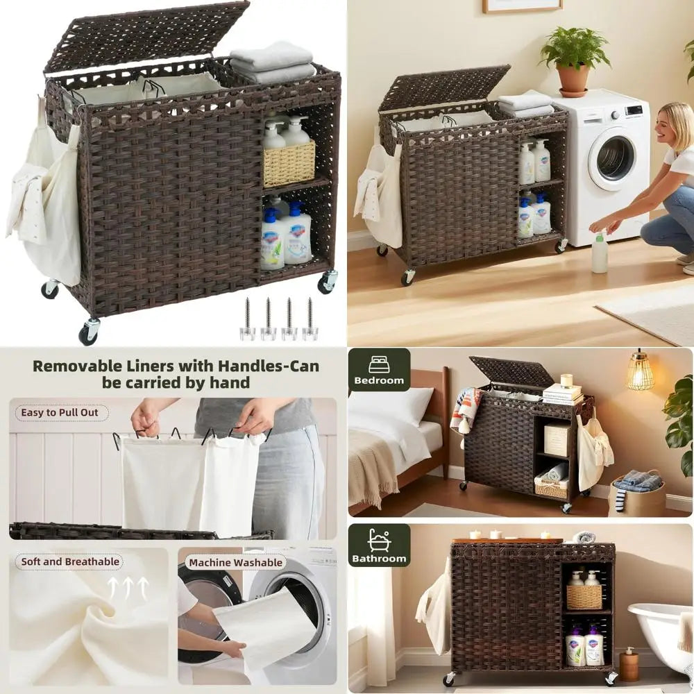 Synthetic Rattan Laundry Hamper with Lid and Wheels, 160L Capacity, Handwoven Double-Section Storage Organizer for Efficient Home