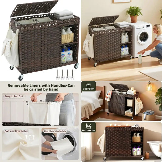 Synthetic Rattan Laundry Hamper with Lid and Wheels, 160L Capacity, Handwoven Double-Section Storage Organizer for Efficient Home