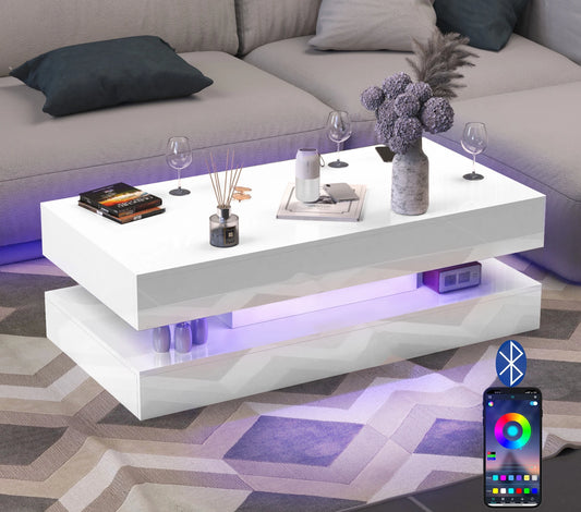 47.3IN High Glossy LED Coffee Table,Modern Center Table with 2 Storage Drawers for Living Room (White & Black)