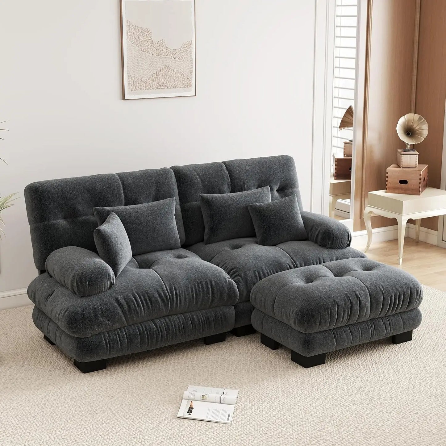 94.4" L-Shape Modular Cloud Sectional Sofa with Chenille Plush Fabric - 2 Seater Couch with Deep Seat and Movable Ottoman