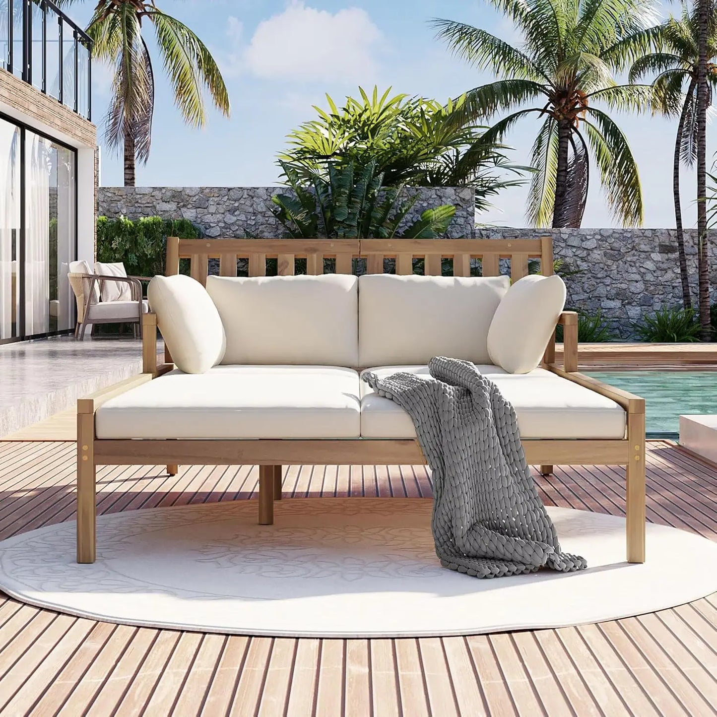 Outdoor Daybed Patio Daybed with Four Pillows Wooden Outdoor Bed with Curved Armrests for Poolside Backyard Garden