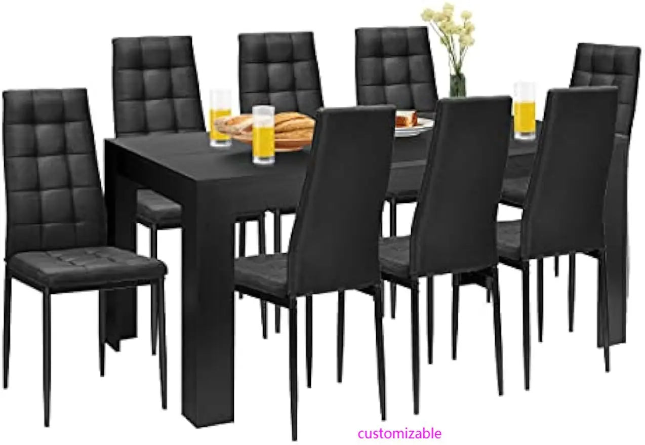 9 Pcs Dining Table Set, Wood Rectangular Table with 8 Upholstered Chairs Set, Modern Kitchen Table Set, Black Dining Room