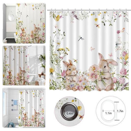 Cute Rabbits Floral Plant Bathroom Curtain 180x180cm with 12 Hooks Bathtub Curtain Polyester Floral Shower Curtain Easter Decor