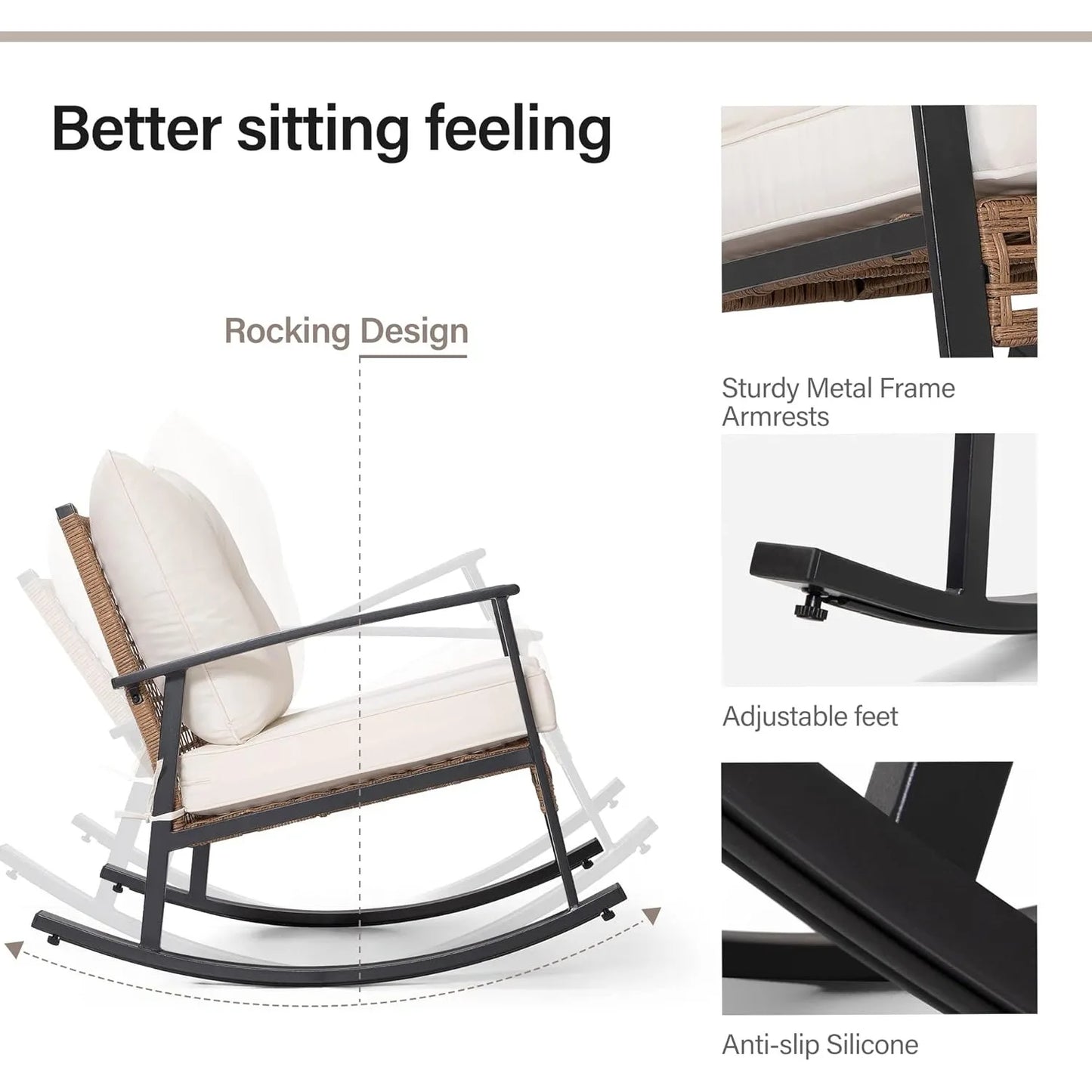 3 Pieces Rocking Bistro Set, Outdoor Patio Furniture Set with Thick Cushions and 2-Tier Coffee Table (Beige)