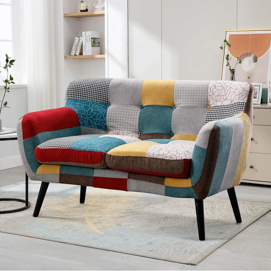 Modern Boho Loveseat Couch Sofa Chair for Living Room Bedroom, Upholstered Colorful Plaid Fabric 2-Seat Love Seat, Customized (Loveseat and Chair)