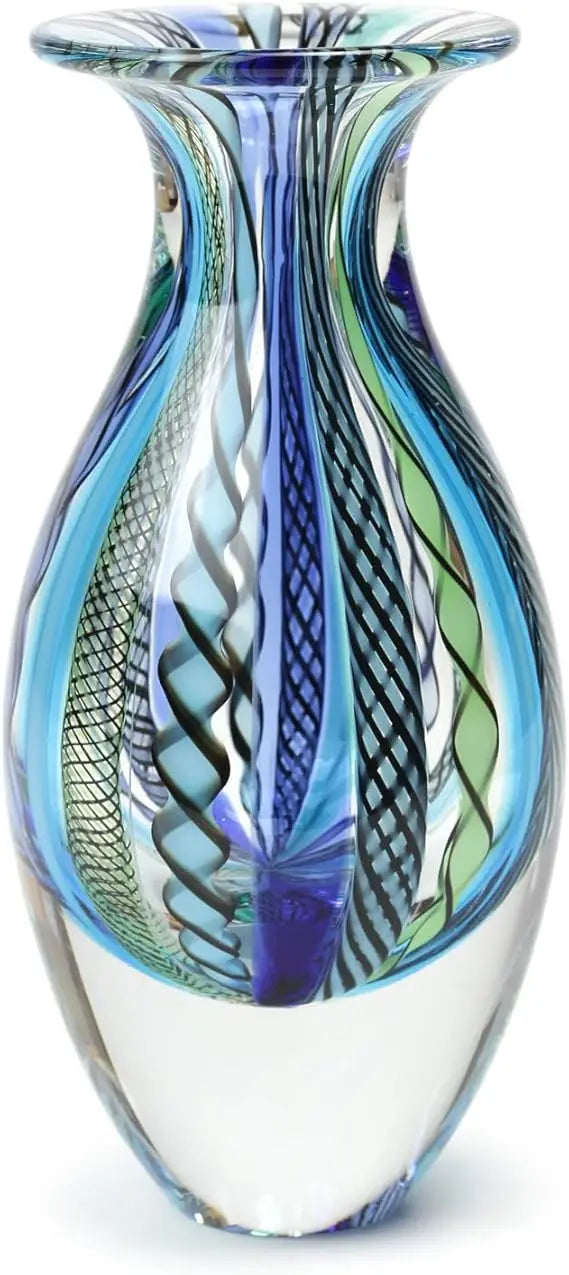 Handcrafted Murano-Inspired Bohemian Glass Vase with Blue and Green Stripes, Model No. 2