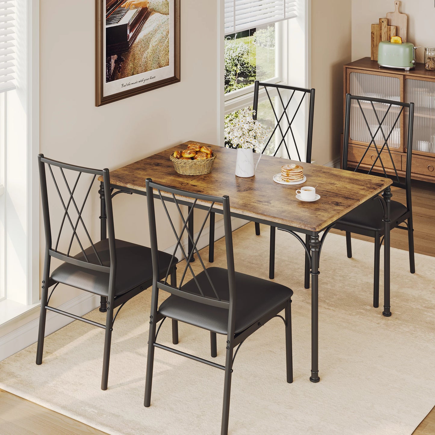 Dining Table Set for 4 Includes a Stylish Dining Table and 4 Upholstered Chair,  to Comfortably Accommodate 4 to 6 People